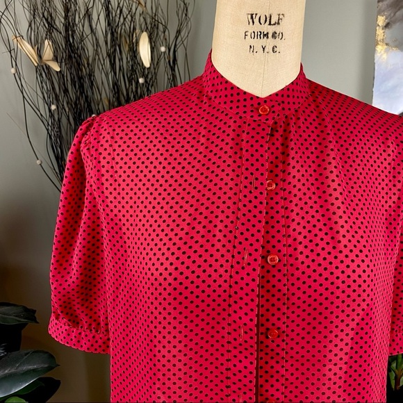 VINTAGE Givenchy Sheer Red Black Polka Dot Top Puff Sleeve Shoulder Blouse Shirt - Picture 4 of 9
